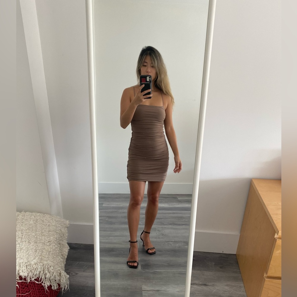 Aritzia Babaton Contour Ruched Cami Mini Dress Deep Taupe